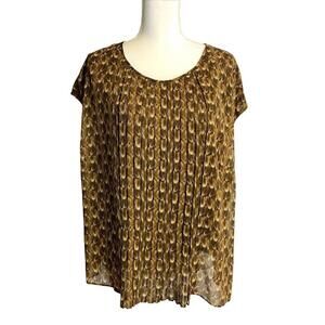 Talbots Woman Petites Sleeveless Animal Feather Print Pleated Brown Blouse 20WP
